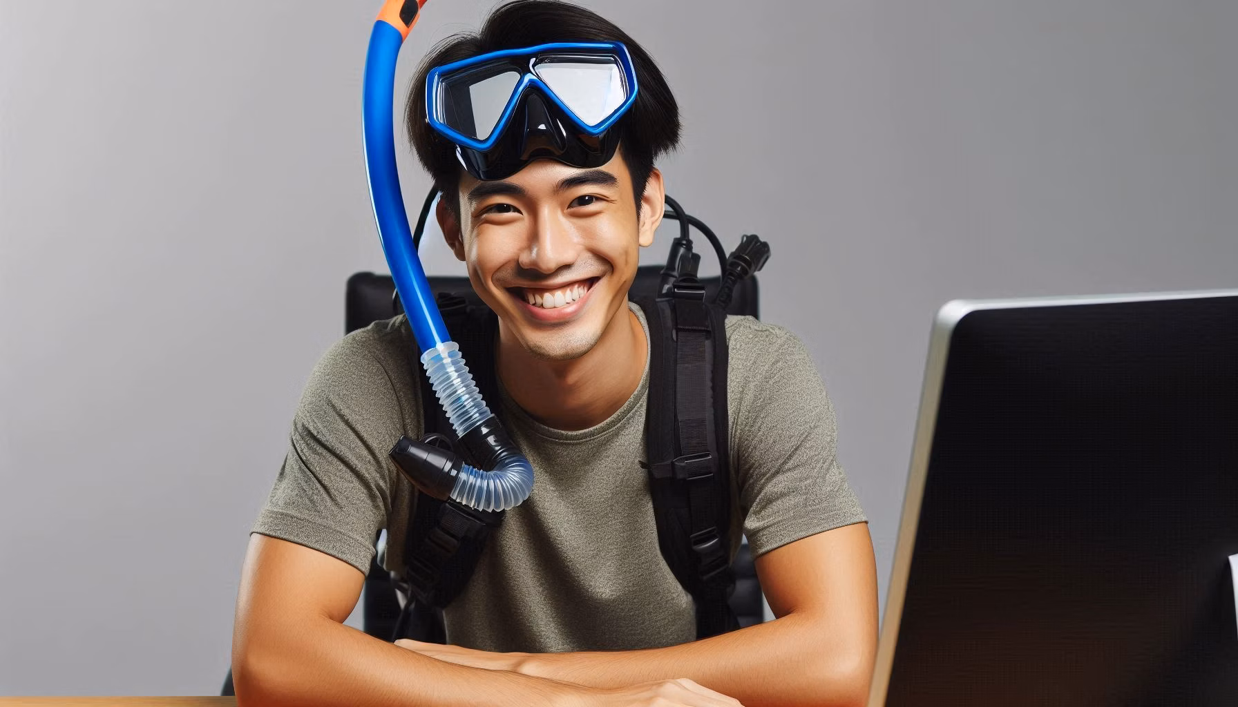 Scuba divers in office wearing gear