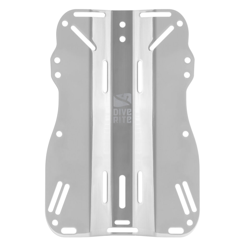 Dive Rite stainless steel backplate for scuba diving backplate and wing system with harness slots